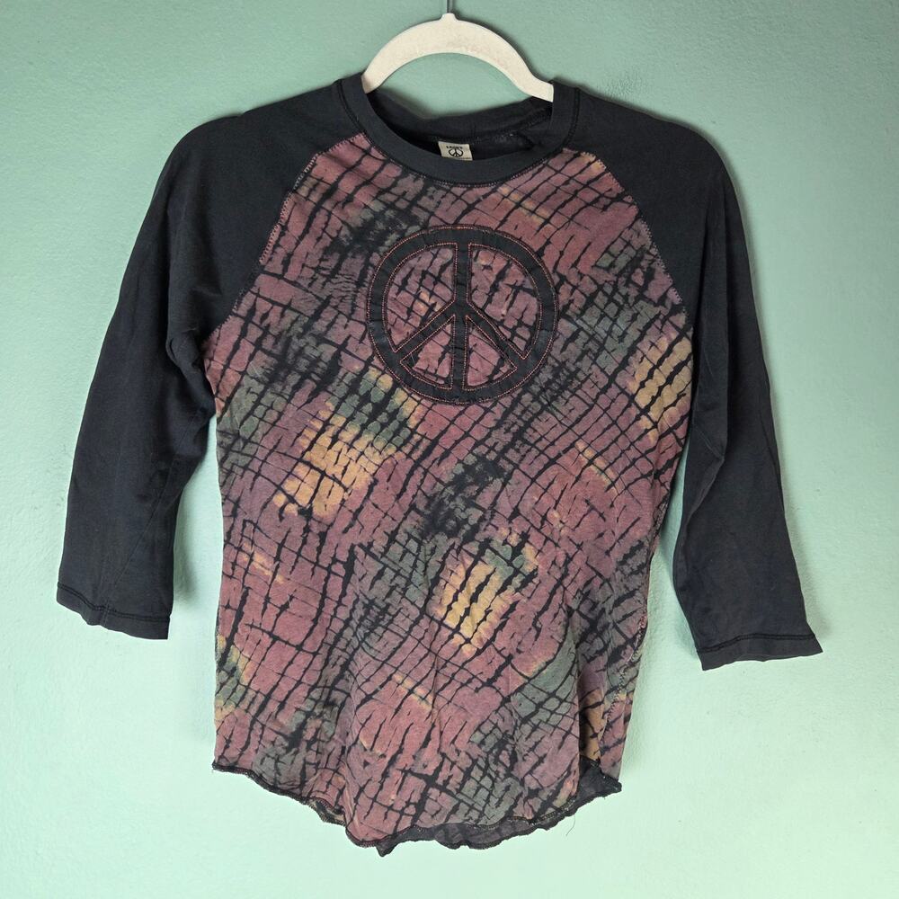 Lucky Brand Womens Medium Muted Peace Raglan Tee Indie Retro Y2K Hippie 90s Punk